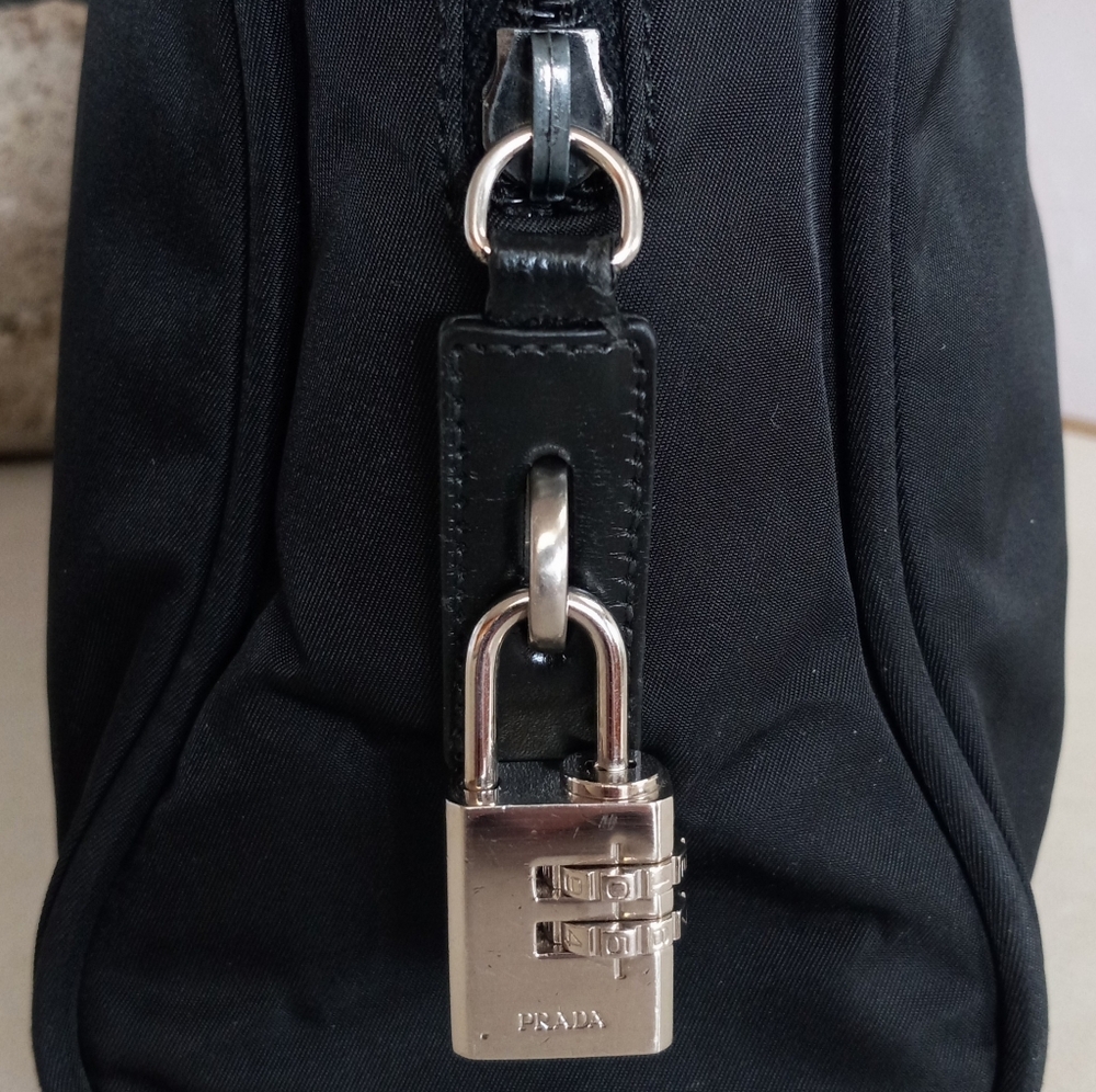 Prada Tessuto, Black Nylon Boston Satchel with Clochette and Combination Lock. - Picture 7 of 13